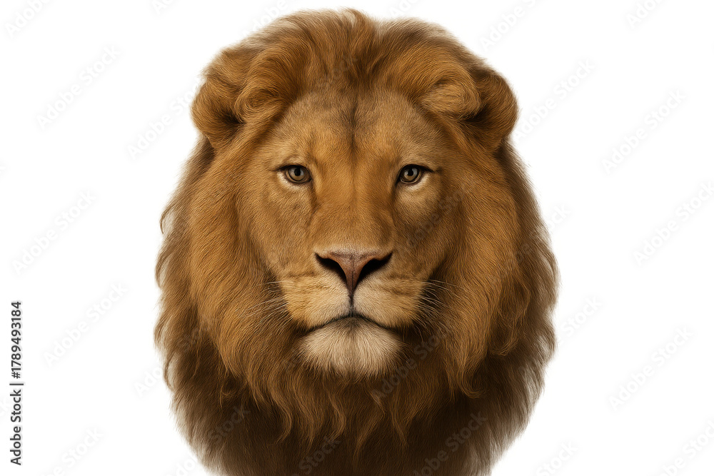Obraz premium Lion head with golden mane looking forward, power, strength, and leadership concept on transparent background