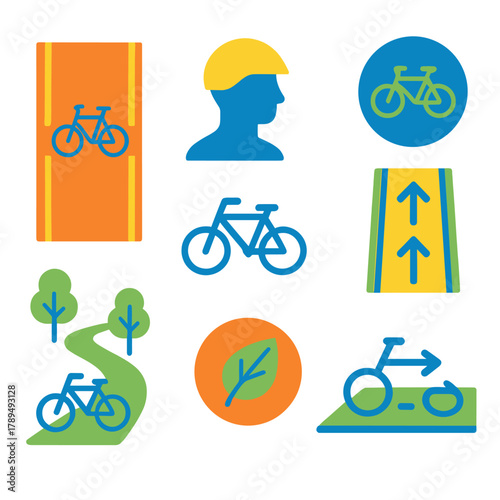 Colorful Bike Lane Icons. Bike Lanes flat icons: cycle path, road line, bike icon, helmet figure, direction arrows, traffic sign, park route, eco symbol.