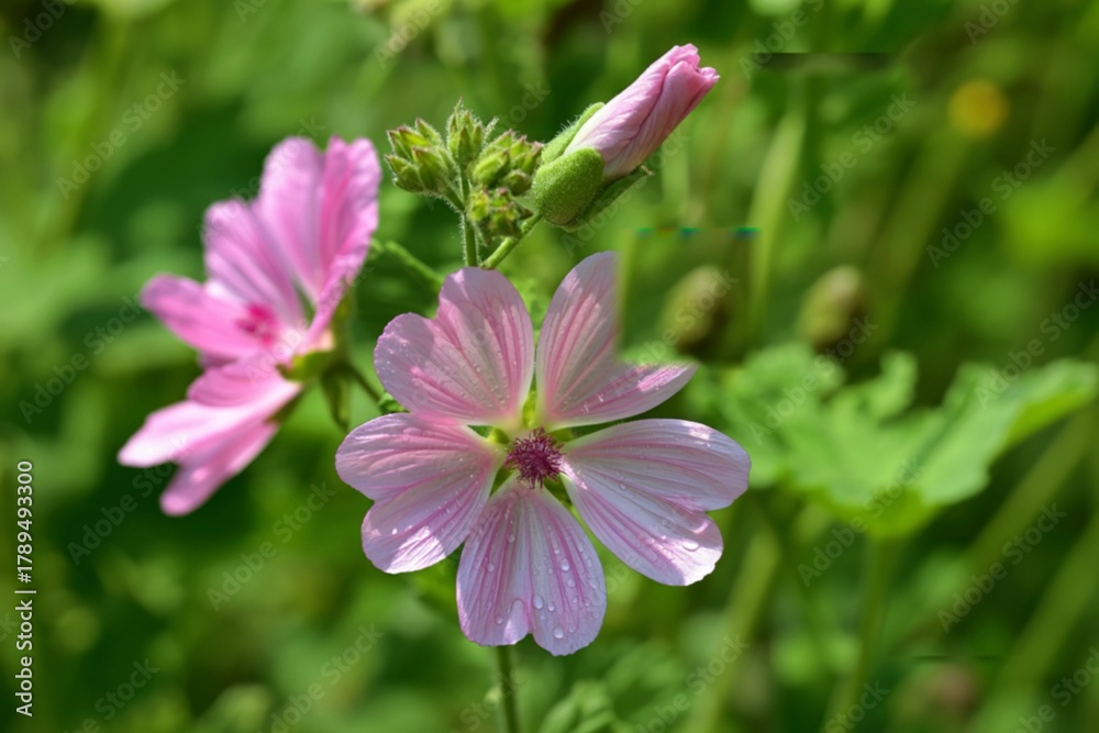 Fototapeta premium Delicate pink mallow flowers blooming in a sunny meadow