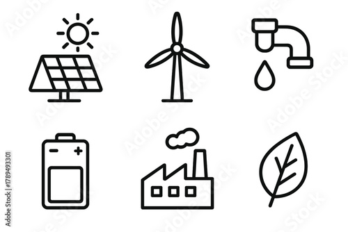Sustainable Energy Icons. Sustainable Systems linear icon set: solar panel, wind turbine, water pipe, battery, factory, leaf.