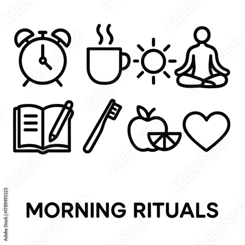 Morning Ritual Icons. Morning Rituals linear icon set: alarm clock, coffee cup, sunlight, yoga pose, journal, toothbrush, fruit, heart.
