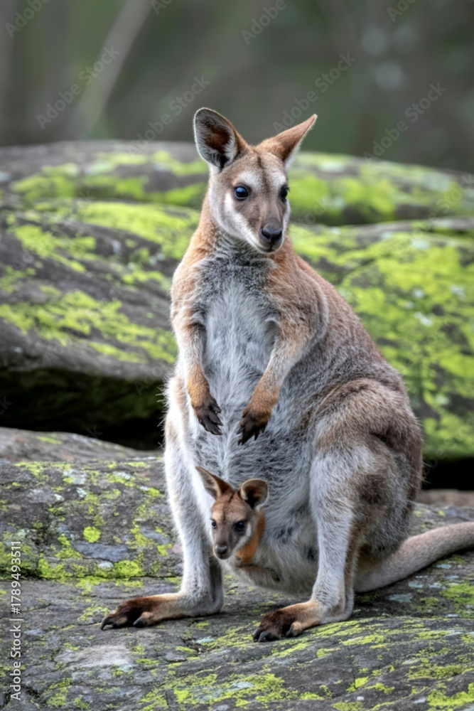 Naklejka premium Wallaby mother with joey in her pouch on mossy rocks