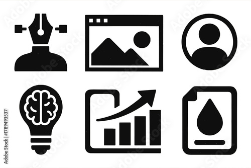 Bold Startup Icons. Startup Branding silhouette icon set: brand identity icon, website header, social media profile, logo mockup, tagline idea, awareness chart, marketing post,