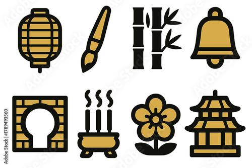 Cultural Icon Set. Cultural Illumination silhouette icon set: paper lantern, calligraphy brush, bamboo, bell, moon gate, incense, flower, temple.