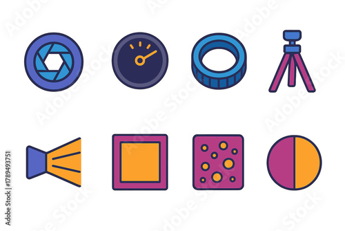 Photography Icon Set. Art of Exposure modern flat icons set: aperture ring, shutter speed dial, focus ring, tripod, light beam, frame, grain, contrast icon.
