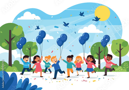 A group of diverse children run joyfully outside, holding blue balloons in a park setting with trees, birds, and a bright sun.