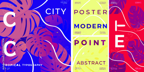 Vibrant tropical monstera leaf posters with bold typography and abstract design elements