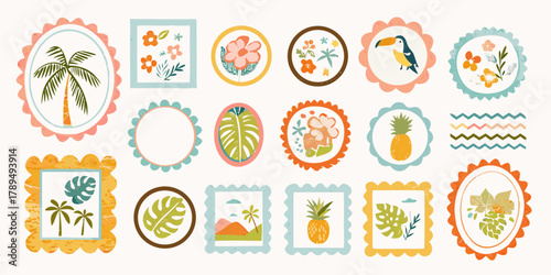 Collection of tropical themed decorative elements featuring palm trees flowers toucans and pineapples