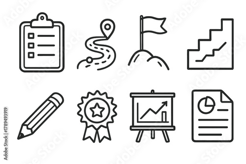 Project Icons Doodle. Project Timeline outline icons: clipboard, roadmap, goal flag, step chart, pencil icon, milestone badge, chart board, report file.
