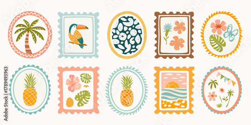 Collection of tropical themed decorative stamps featuring palm trees toucans pineapples flowers and beach scenes