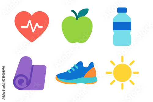 Healthy Living Icons. Healthy Lifestyle flat icons: heart icon, apple, water bottle, yoga mat, sneakers, sunshine symbol.