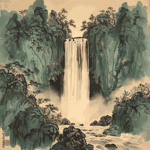 Ink painting of forest waterfall. Traditional oriental ink painting sumi-e, u-sin, go-hua on vintage background. Translation of hieroglyph - perfection.