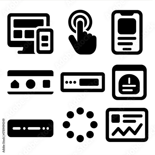 Brutalist UX Icons. Digital User Experience silhouette icon set: responsive design layout, touch interaction icon, onboarding tutorial card, app interface preview, navigation bar