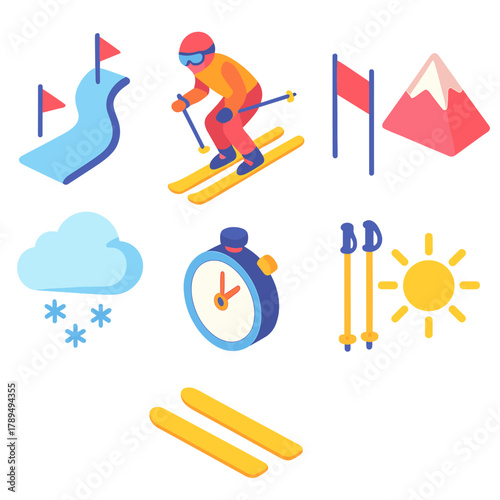 Isometric Skiing Icons. Downhill Skiing modern flat icons set: ski slope, skier, flag gate, mountain, snow cloud, timer, poles, sun.