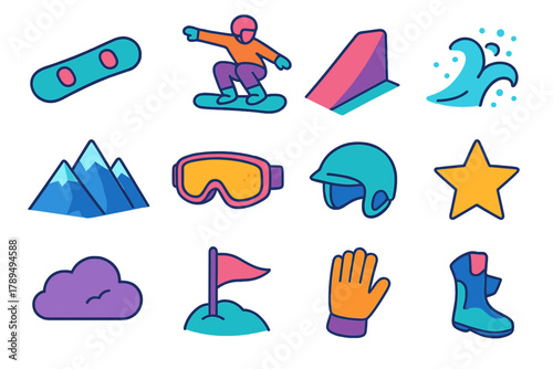 Winter Sports Icons. Winter Freestyle Icons modern flat icons set: snowboard, jump, trick pose, slope, snow spray, mountain, goggles, helmet, star, cloud, flag, glove.