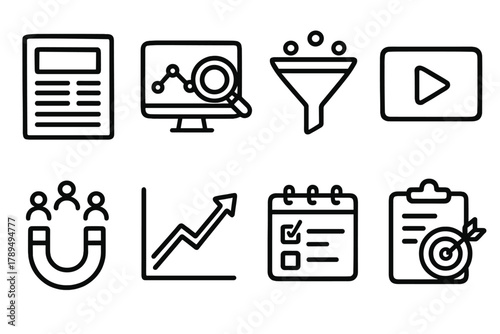Marketing Doodle Icons. Content-Driven Marketing outline icons: blog layout, SEO analytics, website funnel, video play icon, magnet with leads, chart arrow, post planner, goal