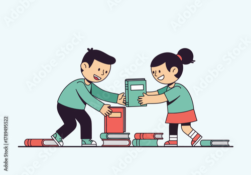 Two children, a boy and a girl, are exchanging books, with stacks of books around them.
