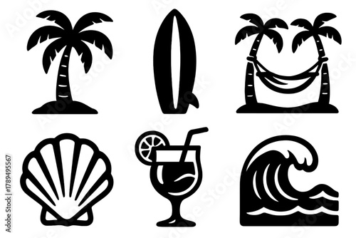 Island Escape Icons. Island Escape silhouette icon set: palm tree, surfboard, hammock, shell, cocktail, ocean wave.