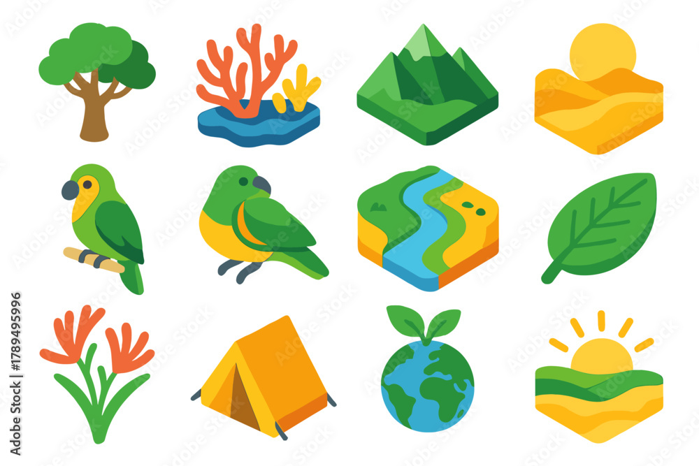 Obraz premium Australia Day Icons. Australia Day – Nature & Land modern flat icons set: eucalyptus tree, coral reef, mountain range, desert sun, native bird, river, outback trail, green leaf,
