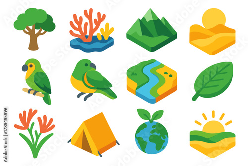 Australia Day Icons. Australia Day – Nature & Land modern flat icons set: eucalyptus tree, coral reef, mountain range, desert sun, native bird, river, outback trail, green leaf,