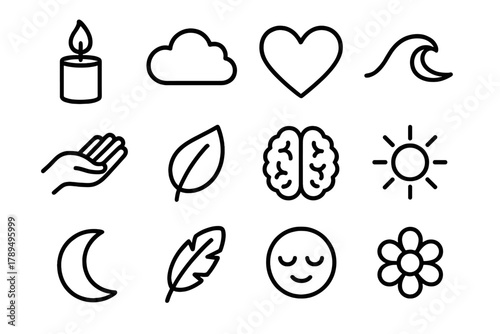 Stress Relief Icons. Stress Harmony Icons linear icon set: candle, cloud, heart, wave, hand, leaf, brain, sun, moon, feather, calm face, flower.