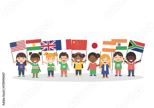Diverse group of children holding flags, representing different nations and unity.