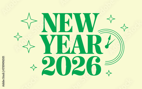 Celebrate New Year 2026 with festive green typography and retro stars, ushering in hope and joy for a bright, optimistic future.