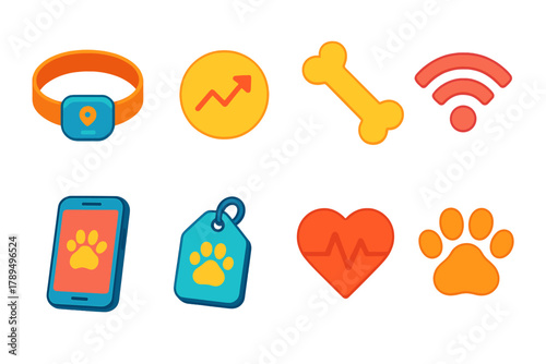 Pet Smart Gadgets. Intelligent Pet Gadgets modern flat icons set: GPS collar, activity icon, bone, Wi-Fi, smartphone app, tag, heartbeat, paw.