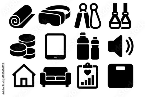 Brutalist VR Gym Icons. Home VR Gym silhouette icon set: mat, headset, hand grips, adjustable straps, small weights, tablet display, water bottle, speaker icon, home space outline,