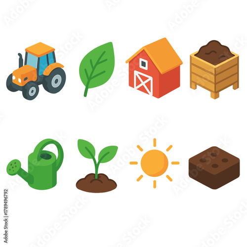 Organic Farming Icons. Organic Farming Practices modern flat icons set: tractor, leaf, barn, compost bin, watering can, seedling, sun, soil.