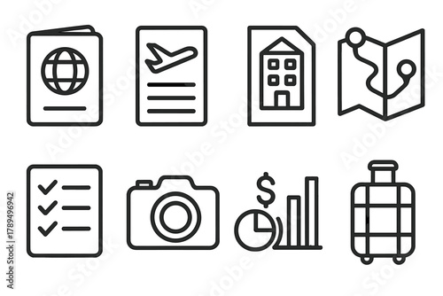Travel Planning Icons. Trip Organization linear icon set: passport icon, flight schedule, hotel booking, route map, checklist, camera icon, budget chart, suitcase.