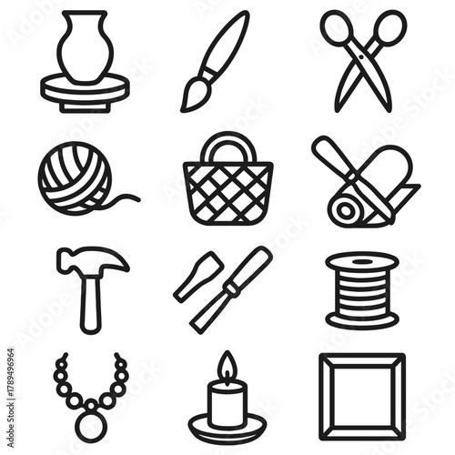 Craftwork Icons Collection. Local Artisans Icons linear icon set: pottery wheel, paintbrush, woven basket, scissors, yarn, hammer, wood carving, fabric roll, jewelry, candle, spool