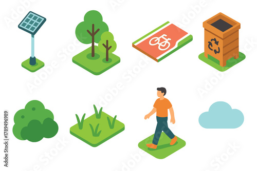 Sustainable City Icons. Sustainable City Parks modern flat icons set: solar lamp, trees, bike lane, compost bin, shrub, grass field, walking person, cloud.