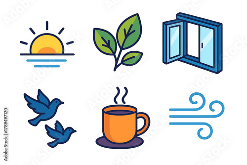 Morning Icons Collection. Morning Breeze modern flat icons set: sunrise, leaves, open window, birds, cup of tea, gentle wind lines.