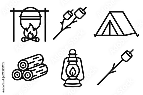Campfire Icon Set. Campfire Feast linear icon set: pot over flame, marshmallows, tent, wood logs, lantern, skewer.