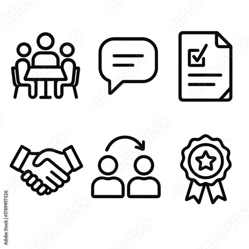 Investor Icons Set. Investor Relations linear icon set: meeting table, communication bubble, agreement document, signature pen, partnership icon, success badge.