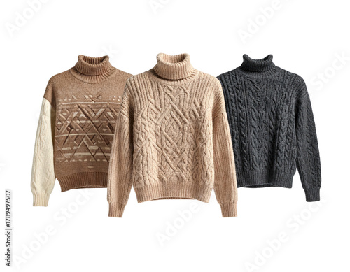 Three cozy, textured turtleneck sweaters displayed