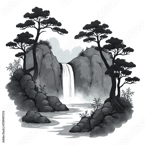 Ink painting of forest waterfall. Traditional oriental ink painting sumi-e, u-sin, go-hua on vintage background. Translation of hieroglyph - perfection.