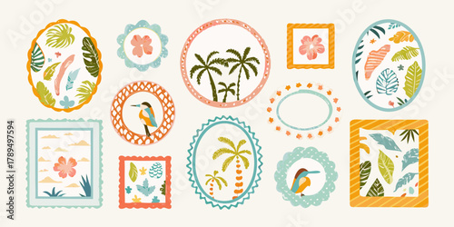 Collection of whimsical tropical frames filled with palm trees exotic leaves and colorful birds