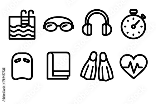Fitness Swimming Icons. Fitness Swimming linear icon set: pool, goggles, headphones, timer, kickboard, towel, swim fins, heart pulse.