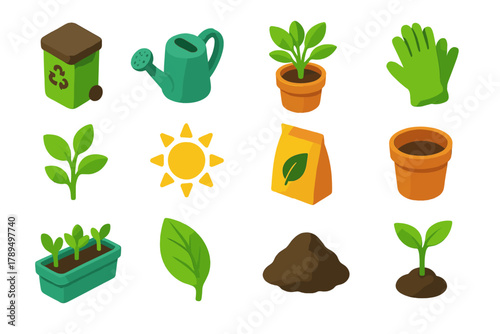 Sustainable Garden Icons. Sustainable Urban Greens Icons modern flat icons set: compost bin, watering can, potted herb, gloves, plant, sun, seed bag, pot, window box, leaf, soil