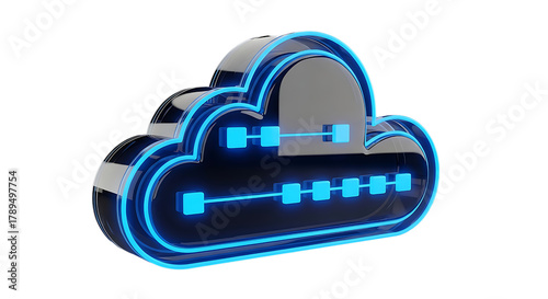 Modern cloud computing network with neon blue connections is perfect for illustrating digital transformation, cloud storage solutions, and futuristic technologies for business innovations