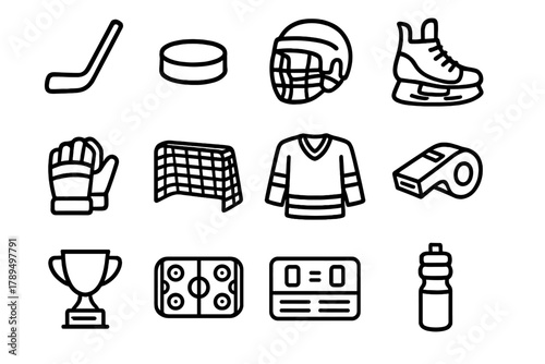 Hockey Icons Display. Hockey Icons linear icon set: hockey stick, puck, helmet, skates, gloves, goal net, jersey, whistle, trophy, ice rink, scoreboard, water bottle.