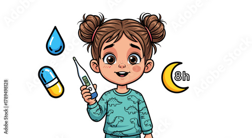 Cartoon girl with a thermometer, surrounded by medicine icons illustrating health and illness