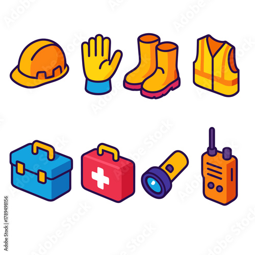 Safety Gear Icons. Safety Gear modern flat icons set: helmet, gloves, boots, reflective vest, toolkit, first aid kit, flashlight, radio.