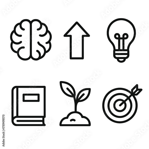 Icons of Growth Mindset. Growth Mindset linear icon set: brain, arrow upward, light bulb, book, seedling, target.
