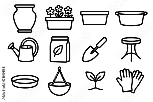 Garden Icon Set. Outdoor Garden Pots linear icon set: large terracotta urn, flower box, concrete trough, garden tub, watering pot, soil bag, plant shovel, pot stand, drip tray,