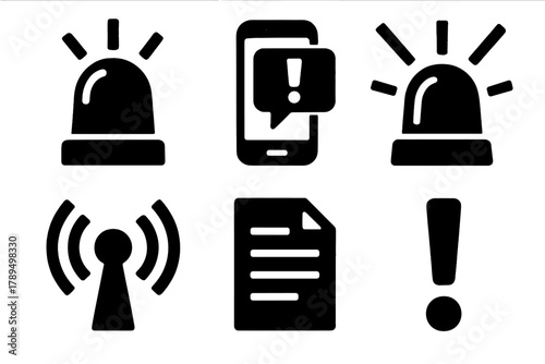Brutalist Alert Icons. Emergency Alerts silhouette icon set: siren icon, phone notification, warning light, radio signal, document sheet, exclamation mark.