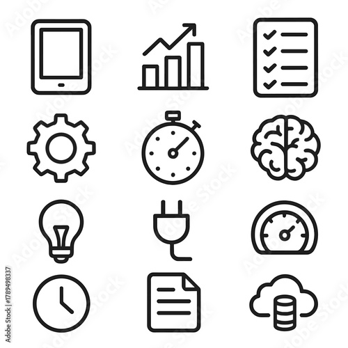 Digital Efficiency Icons. Digital Efficiency Icons linear icon set: tablet, graph, stopwatch, checklist, gear, brain, plug, dashboard, light bulb, clock, document, data cloud.