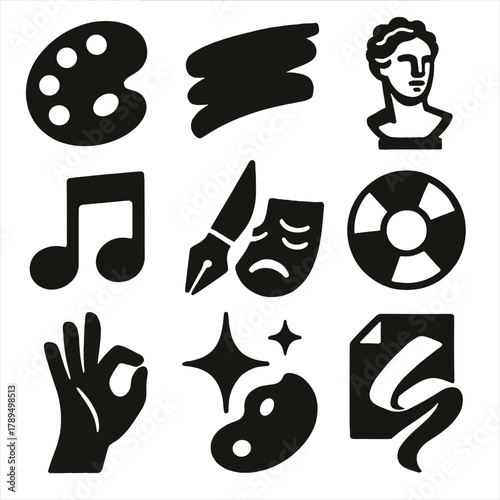 Bold Artistic Icons. Artistic Expression silhouette icon set: paint palette, brush stroke, sculpture bust, theater mask, musical note, writing pen, color wheel, folded paper,